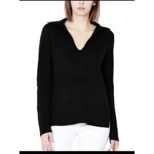 VINCE Black Wool Cashmere Pullover Sweater‎ Polo Collar Knit Preppy Solid Medium